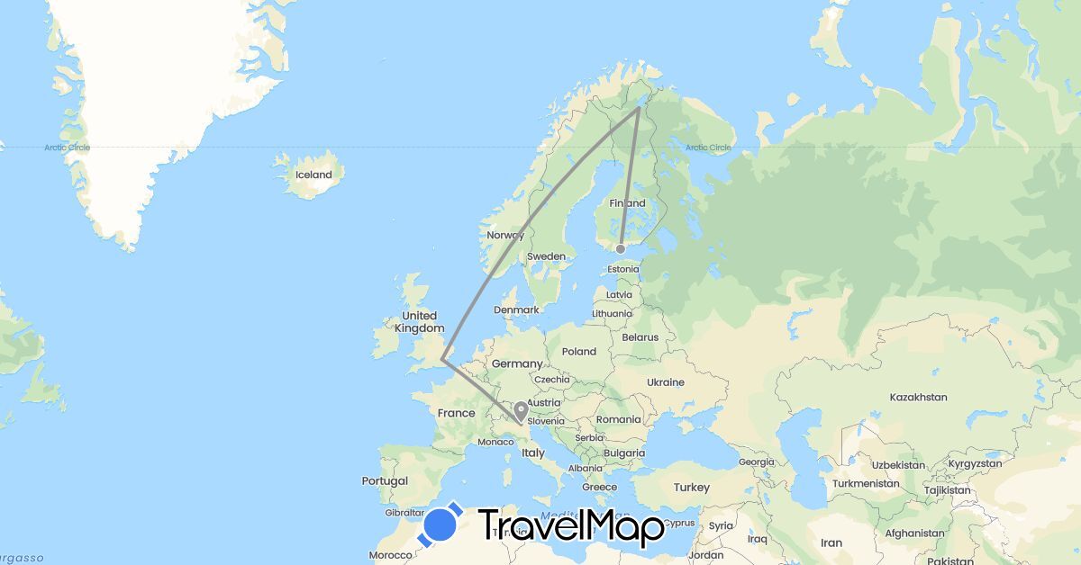 TravelMap itinerary: driving, plane in Finland, United Kingdom, Italy (Europe)